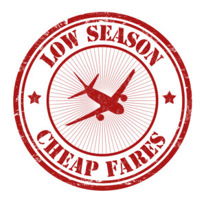 Low season, cheap fares grunge rubber stamp on white, vector illustration